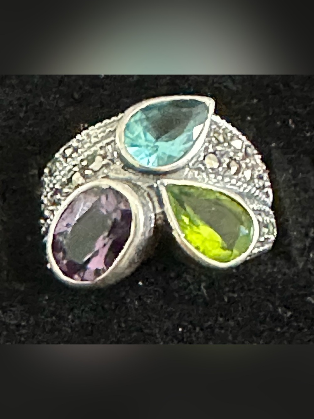 Multi-color Gem and Marcasite Silver Ring - Approx Size 3.5/4